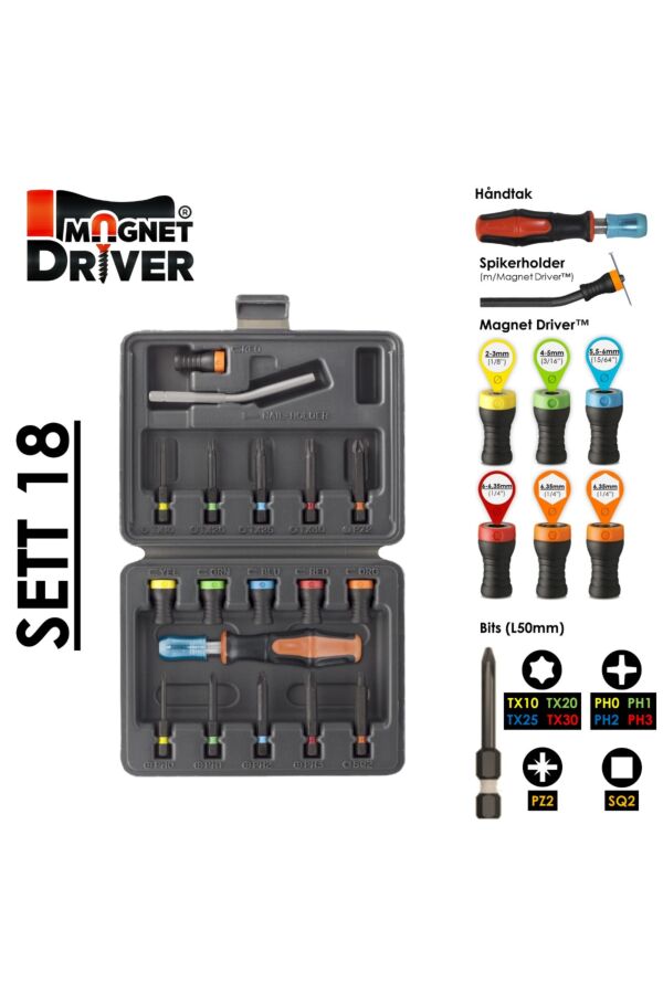 Magnet Driver™ - Praktisk etui med 6 skrueholdere, 10 bits, spikerholder og håndtak (Sett 18)