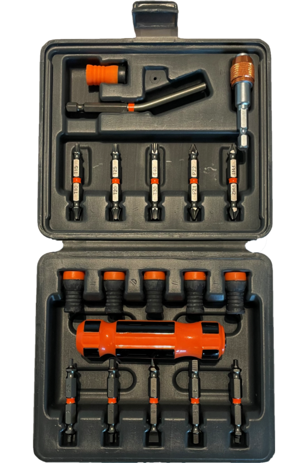 Magnet Driver™ - Praktisk etui med 6 skrueholdere, 10 doble bits, spikerholder, bitholder og håndtak (Oransje sett)